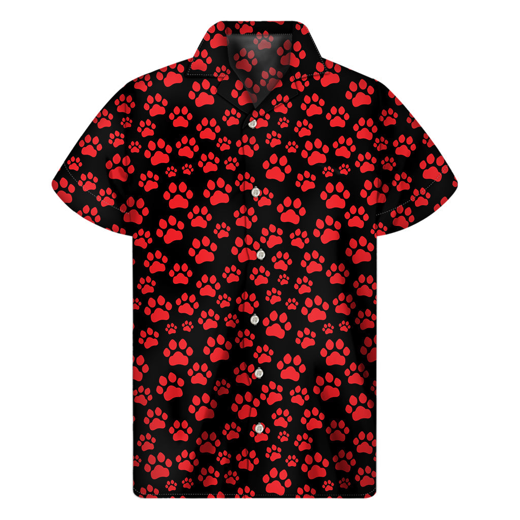 Red and Black Paw Print Hawaiian Short Sleeve Shirt - 1
