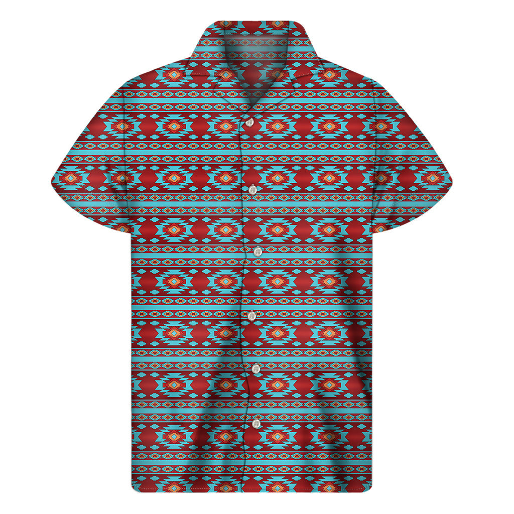Red and Teal Hawaiian Print Men's Short Sleeve Shirt - 1