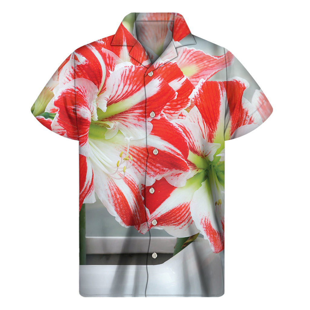 Red and White Amaryllis Hawaiian Short Sleeve Shirt - 1
