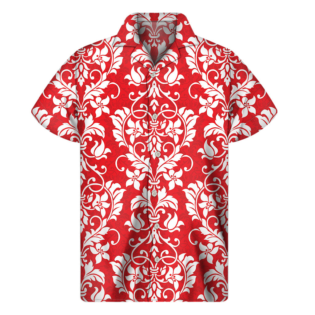 Tropical Vibes: Red and White Damask Pattern Hawaiian Short Sleeve Shirt - 1