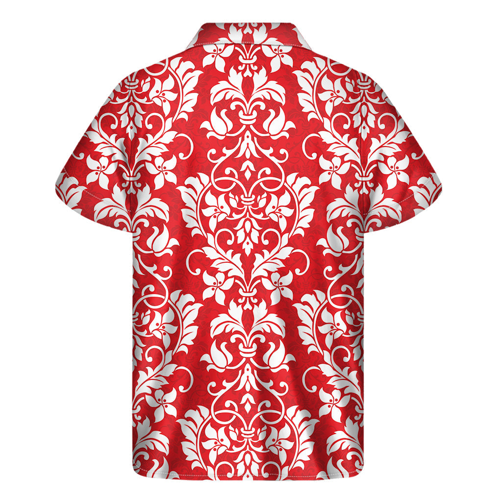 Tropical Vibes: Red and White Damask Pattern Hawaiian Short Sleeve Shirt - 2