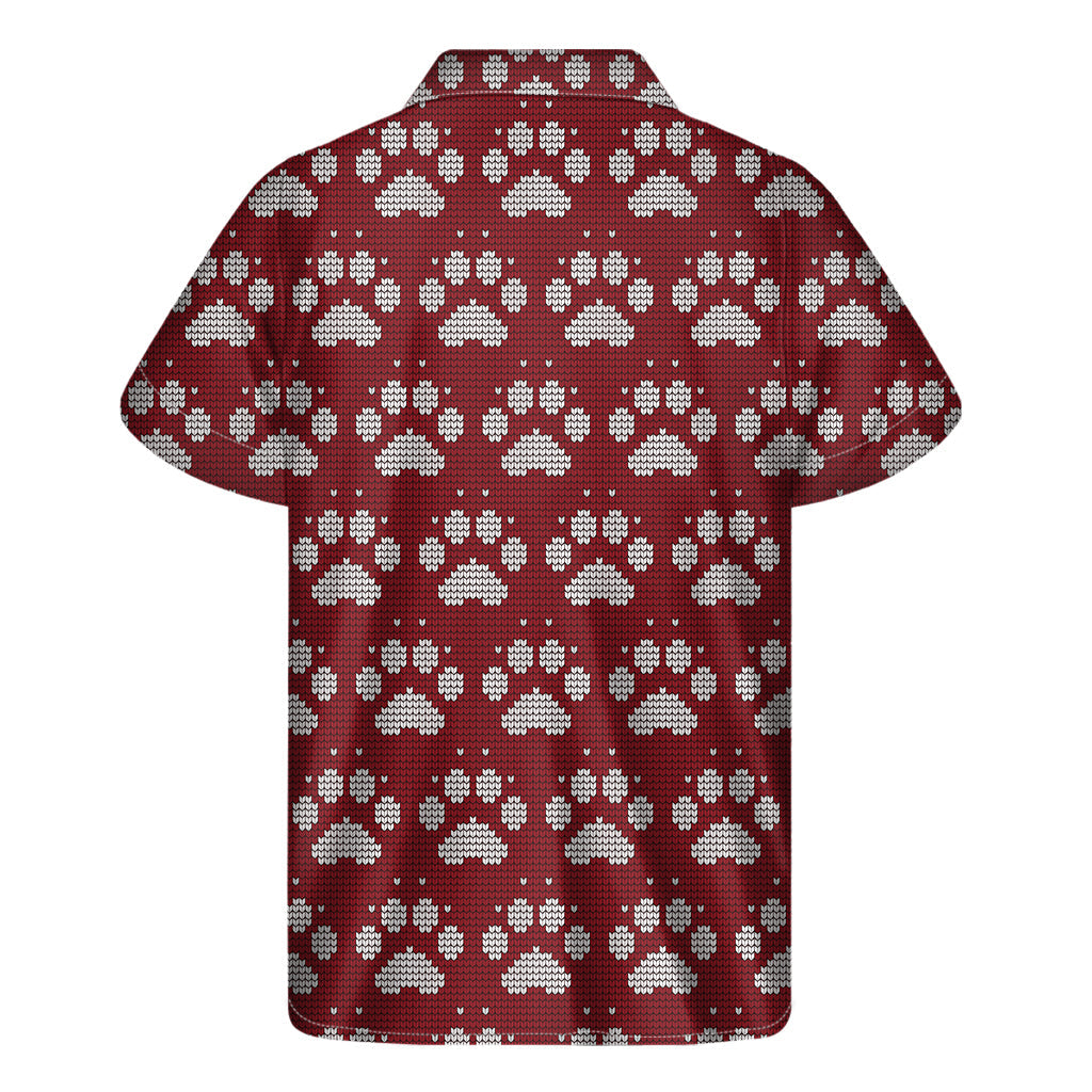 Red and White Paw Knitted Hawaiian Print Short Sleeve Shirt - 2
