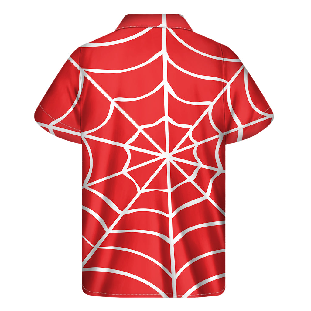 Red and White Hawaiian Spider Web Pattern Print Men's Short Sleeve Shirt - 2