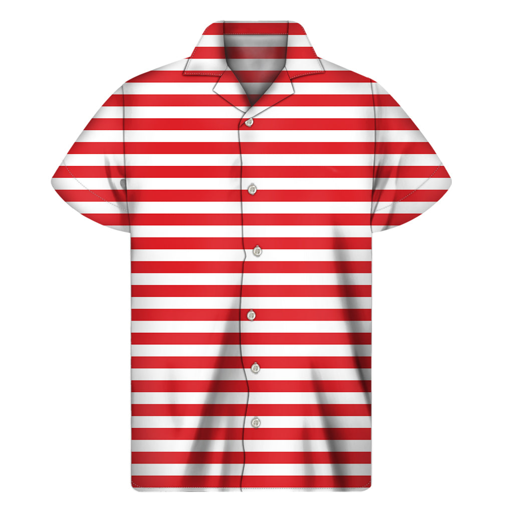 Red and White Striped Hawaiian Print Short Sleeve Shirt - 1