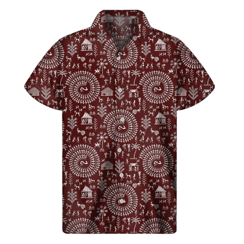 Red and White Warli Tribal Print Hawaiian Short Sleeve Shirt - 1
