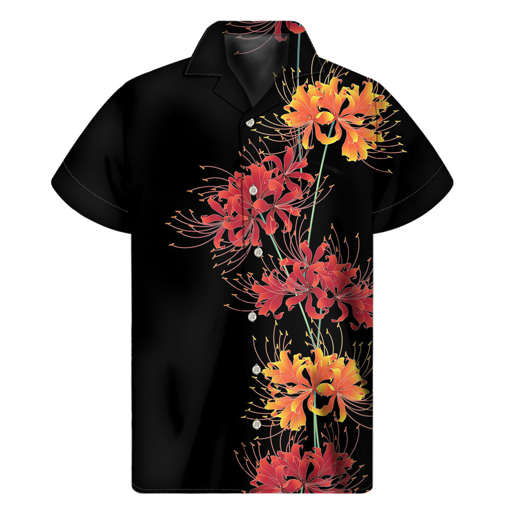Island Vibes: Men's Red and Yellow Hawaiian Amaryllis Print Short Sleeve Shirt - 1