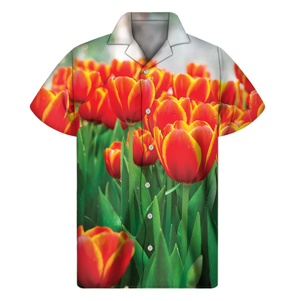 Red and Yellow Tulip Print Hawaiian Short Sleeve Shirt - 1
