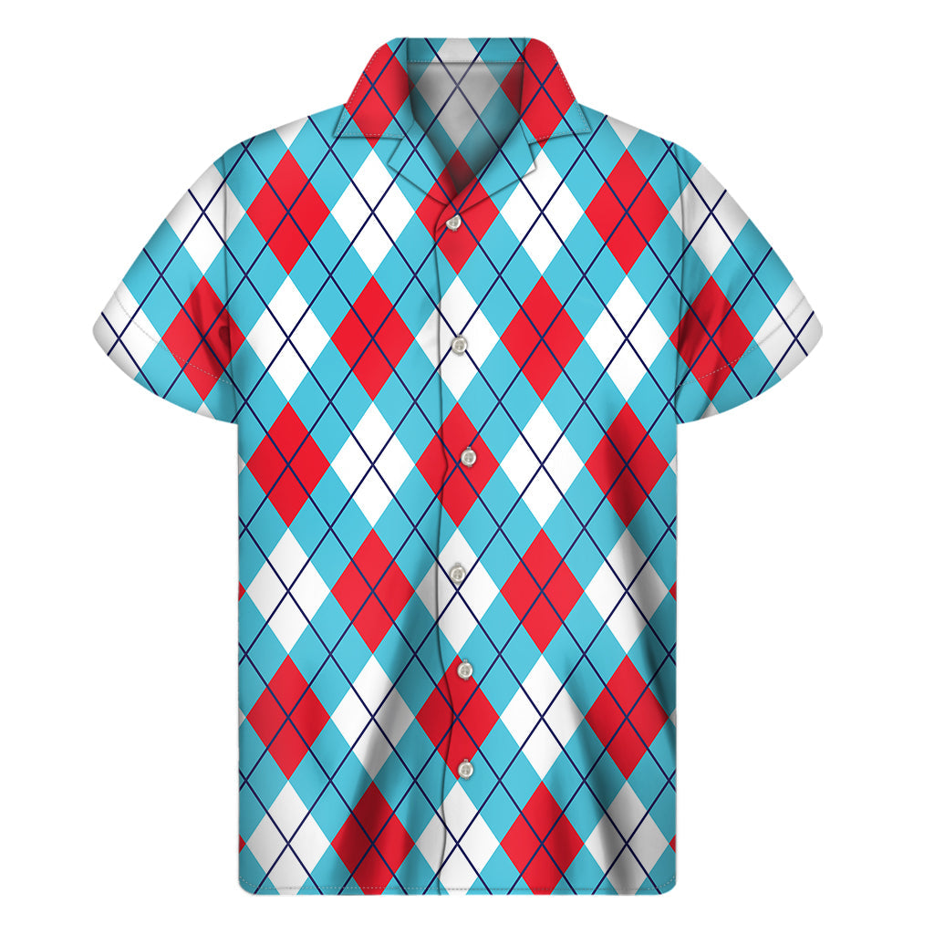 Red, Blue, and White Argyle Hawaiian Short Sleeve Shirt - 1