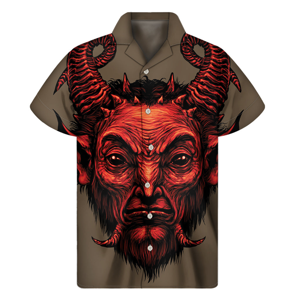 Fiery Hawaiian Vibes: Red Devil Satan Print Short Sleeve Shirt - 1