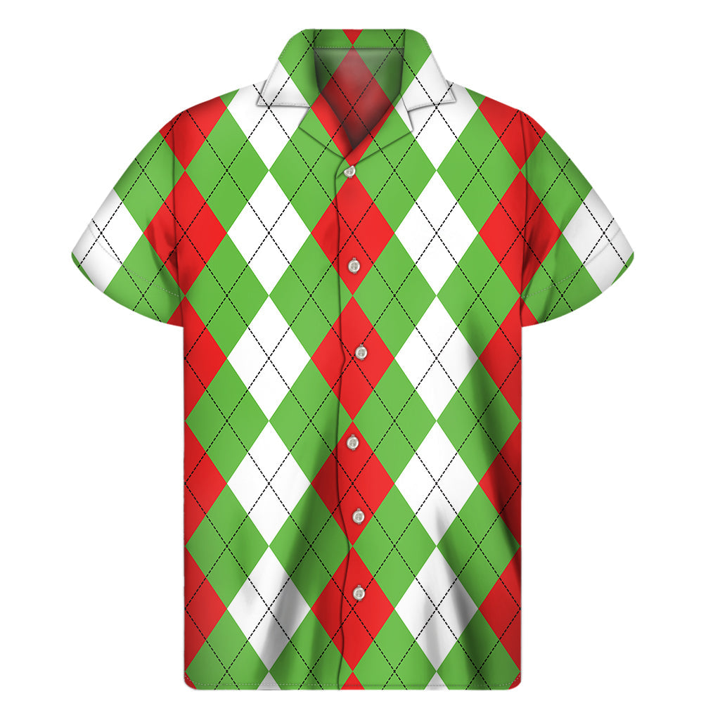 Red, Green, and White Hawaiian Argyle Pattern Short Sleeve Shirt - 1