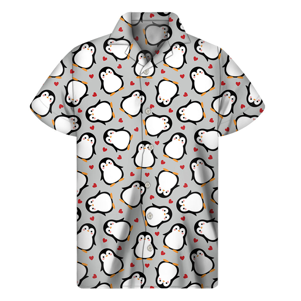 Red Heart and Penguin Hawaiian Print Short Sleeve Shirt - 1