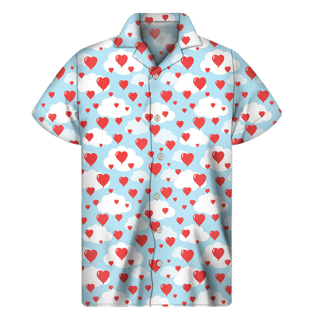 Island Love: Men's Hawaiian Short Sleeve Shirt with Red Heart Balloon Pattern - 1