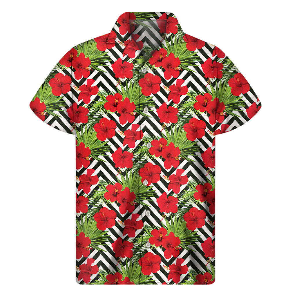 Red Hibiscus Chevron Pattern Hawaiian Short Sleeve Shirt - 1