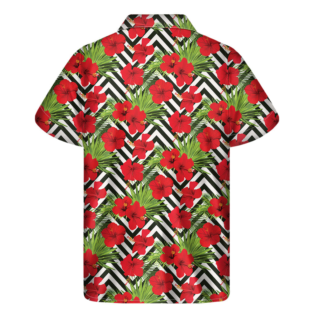 Red Hibiscus Chevron Pattern Hawaiian Short Sleeve Shirt - 2