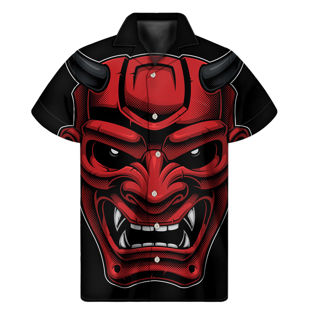Red Japanese Demon Mask Hawaiian Short Sleeve Shirt - 1