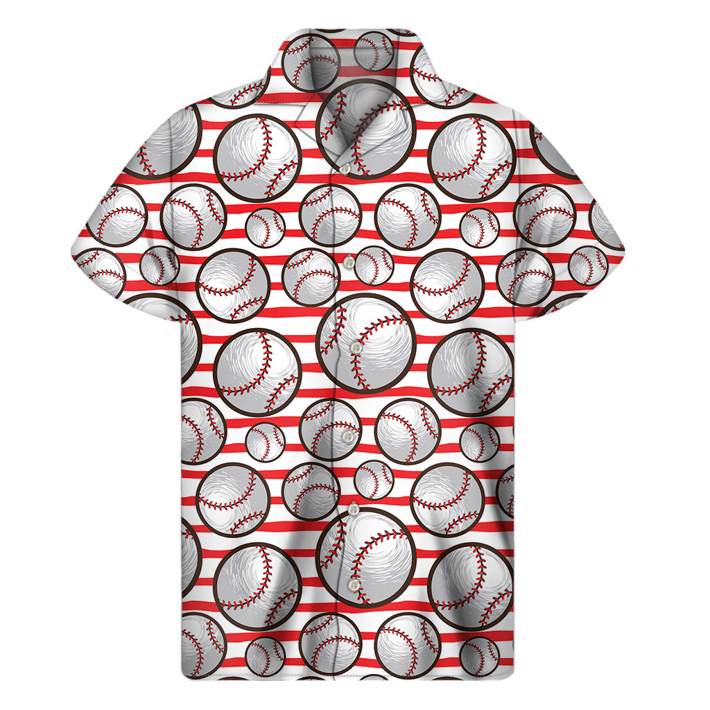 Island Style: Red Striped Baseball Print Hawaiian Short Sleeve Shirt - 1