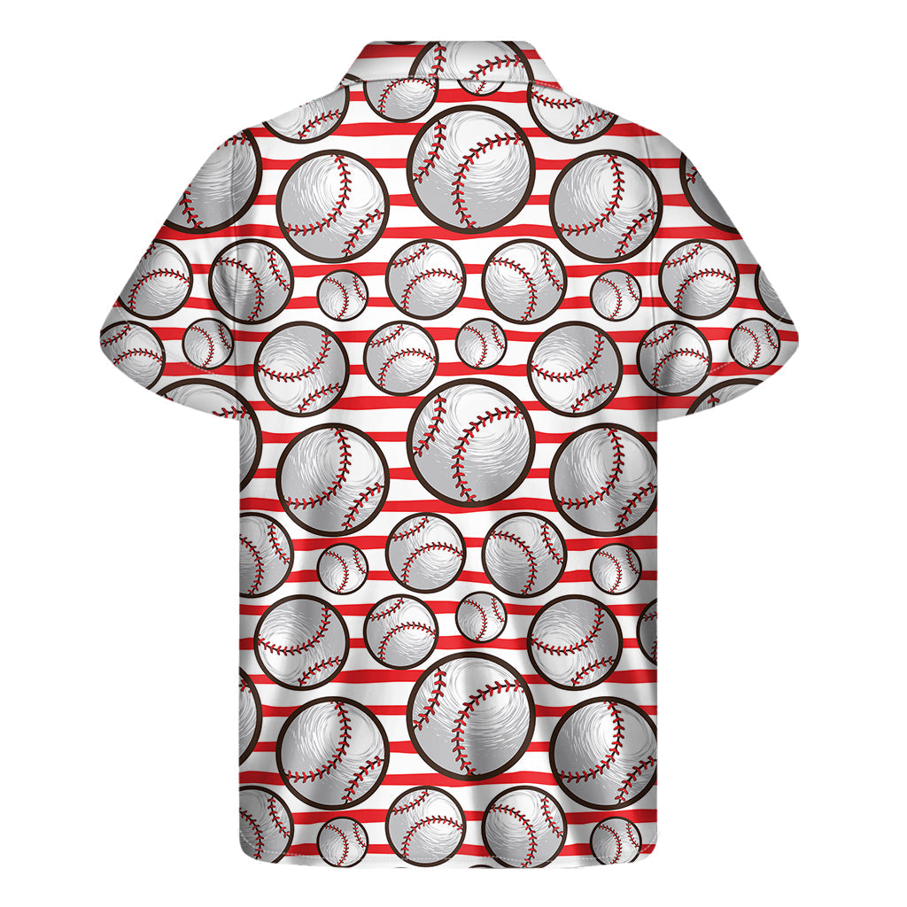 Island Style: Red Striped Baseball Print Hawaiian Short Sleeve Shirt - 2