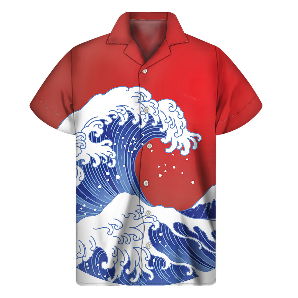 Red Sun Hawaiian Wave Print Men's Short Sleeve Shirt - 1