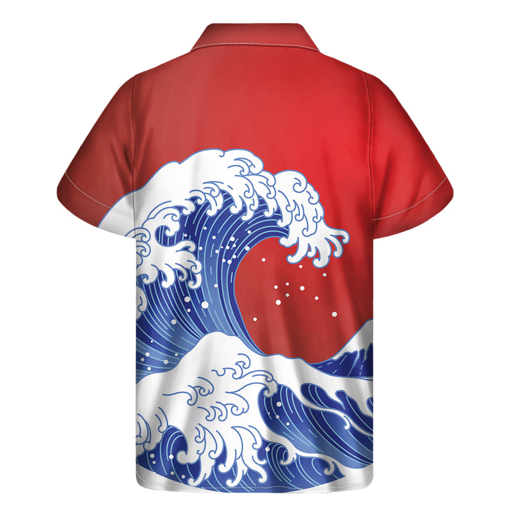 Red Sun Hawaiian Wave Print Men's Short Sleeve Shirt - 2