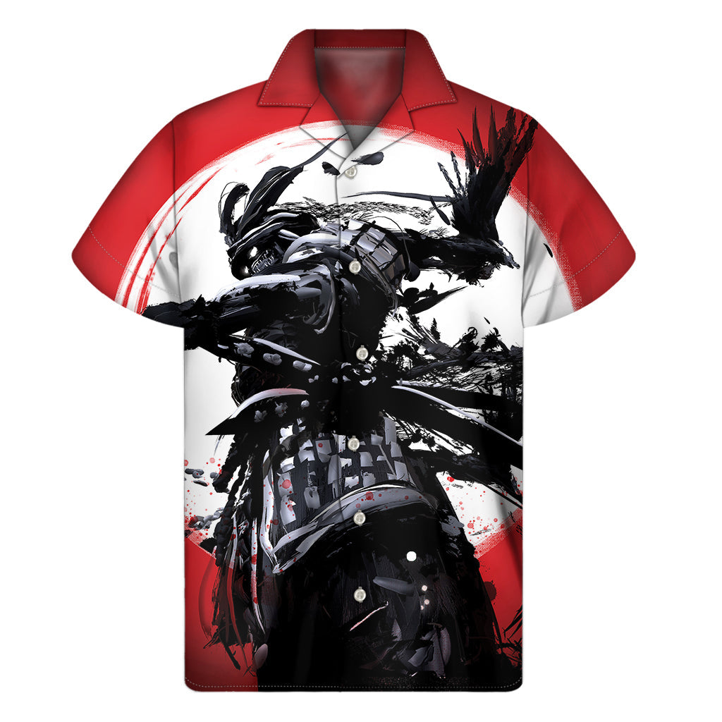 Samurai and Crow Print Hawaiian Short Sleeve Shirt - 1