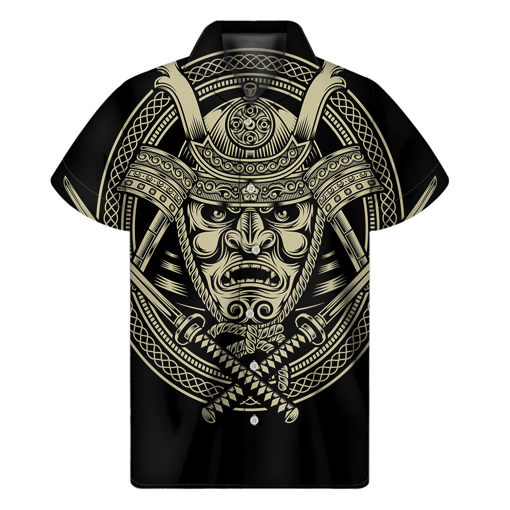 Warrior Spirit: Hawaiian Short Sleeve Shirt with Samurai Mask Print - 1