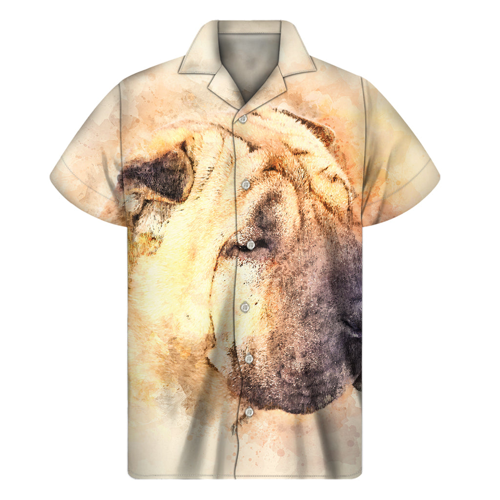 Tropical Bliss: Hawaiian Short Sleeve Shirt with Shar Pei Portrait Print - 1