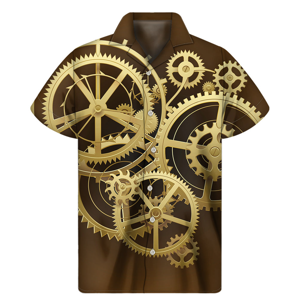 Island Vibes: Men's Hawaiian Short Sleeve Shirt with Steampunk Cogwheels Print - 1