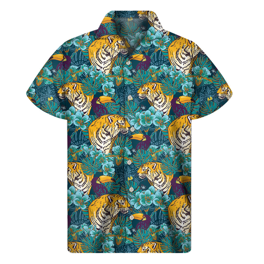 Tropical Vibes: Tiger and Toucan Print Hawaiian Short Sleeve Shirt - 1