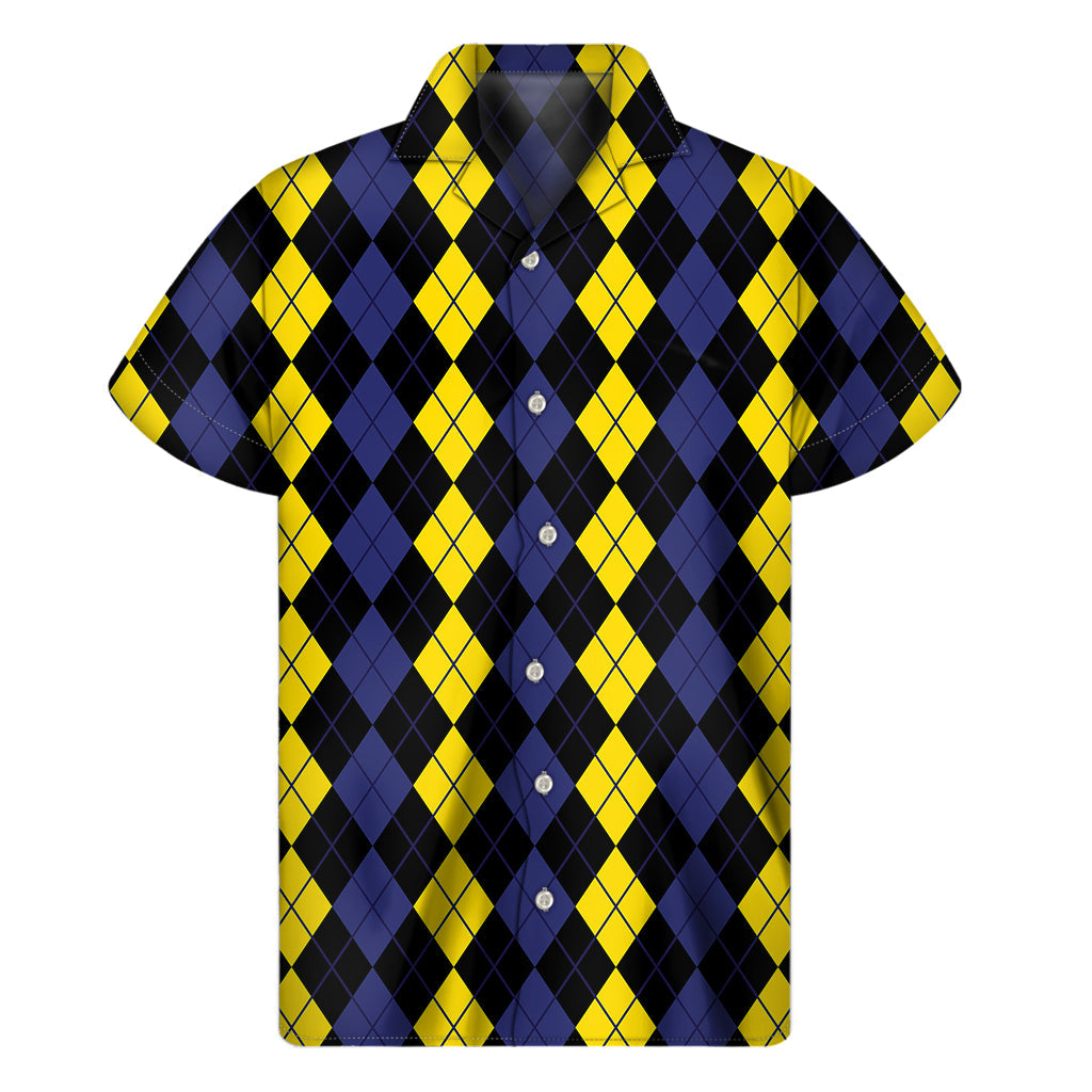 Island Vibes: Yellow, Black, and Blue Argyle Print Hawaiian Short Sleeve Shirt - 1