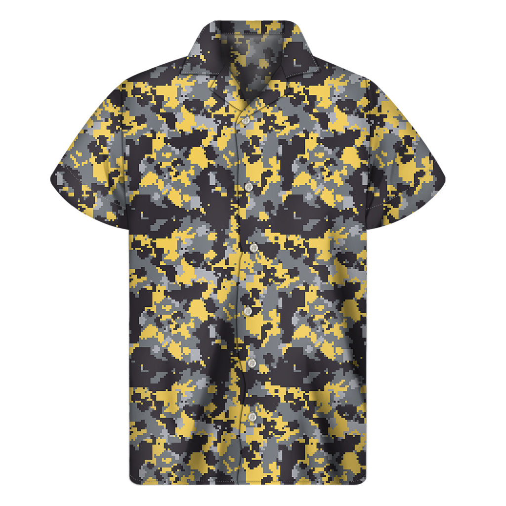 Island Vibes: Yellow, Black, and Grey Digital Camo Print Hawaiian Short Sleeve Shirt - 1
