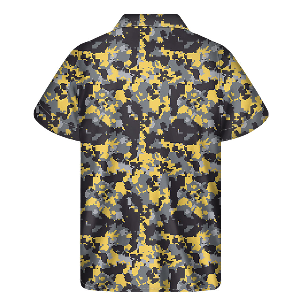 Island Vibes: Yellow, Black, and Grey Digital Camo Print Hawaiian Short Sleeve Shirt - 2