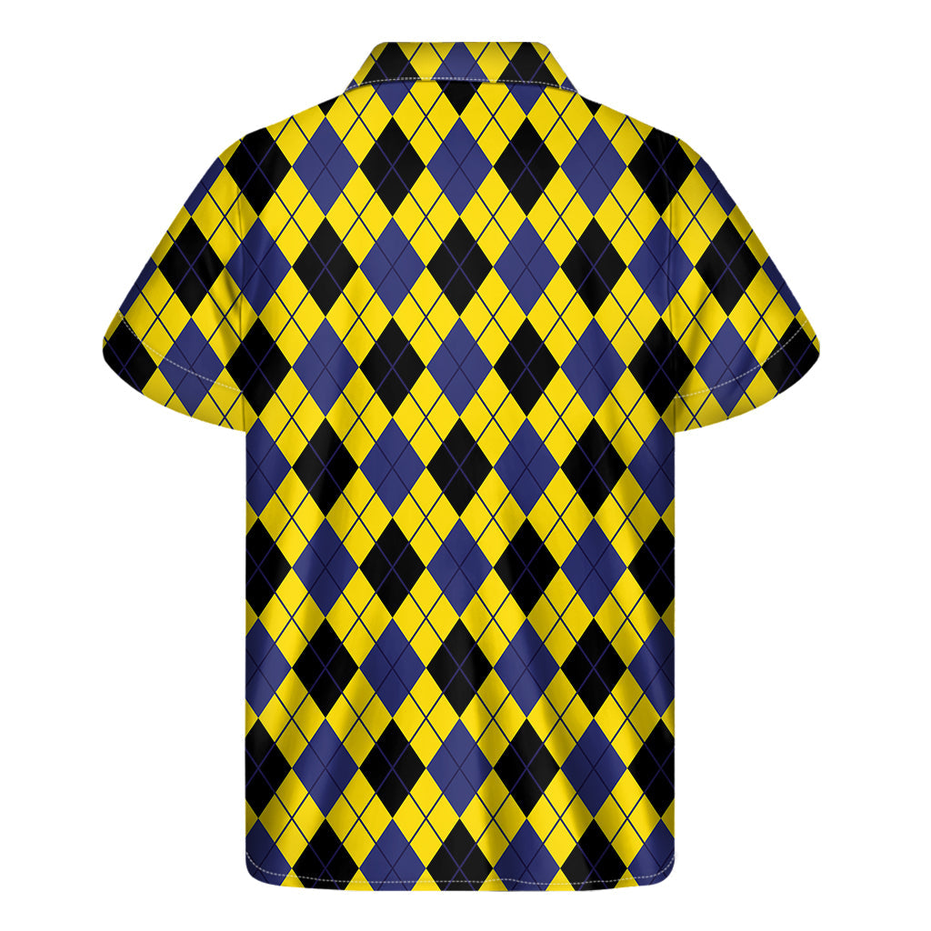 Stylish Hawaiian Argyle Print Short Sleeve Shirt in Yellow, Blue, and Black - 2
