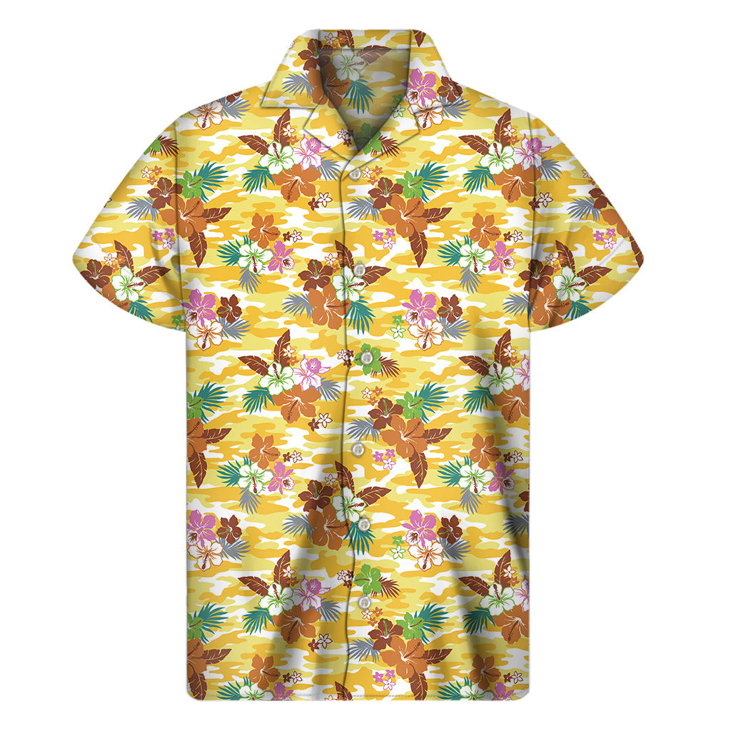 Get Tropical with our Yellow Camo and Hibiscus Flower Hawaiian Short Sleeve Shirt! - 1