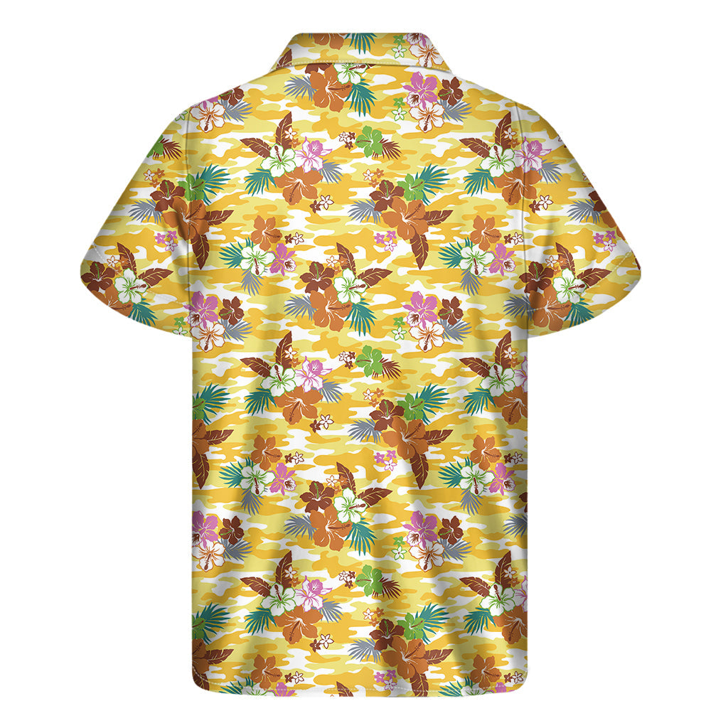 Get Tropical with our Yellow Camo and Hibiscus Flower Hawaiian Short Sleeve Shirt! - 2