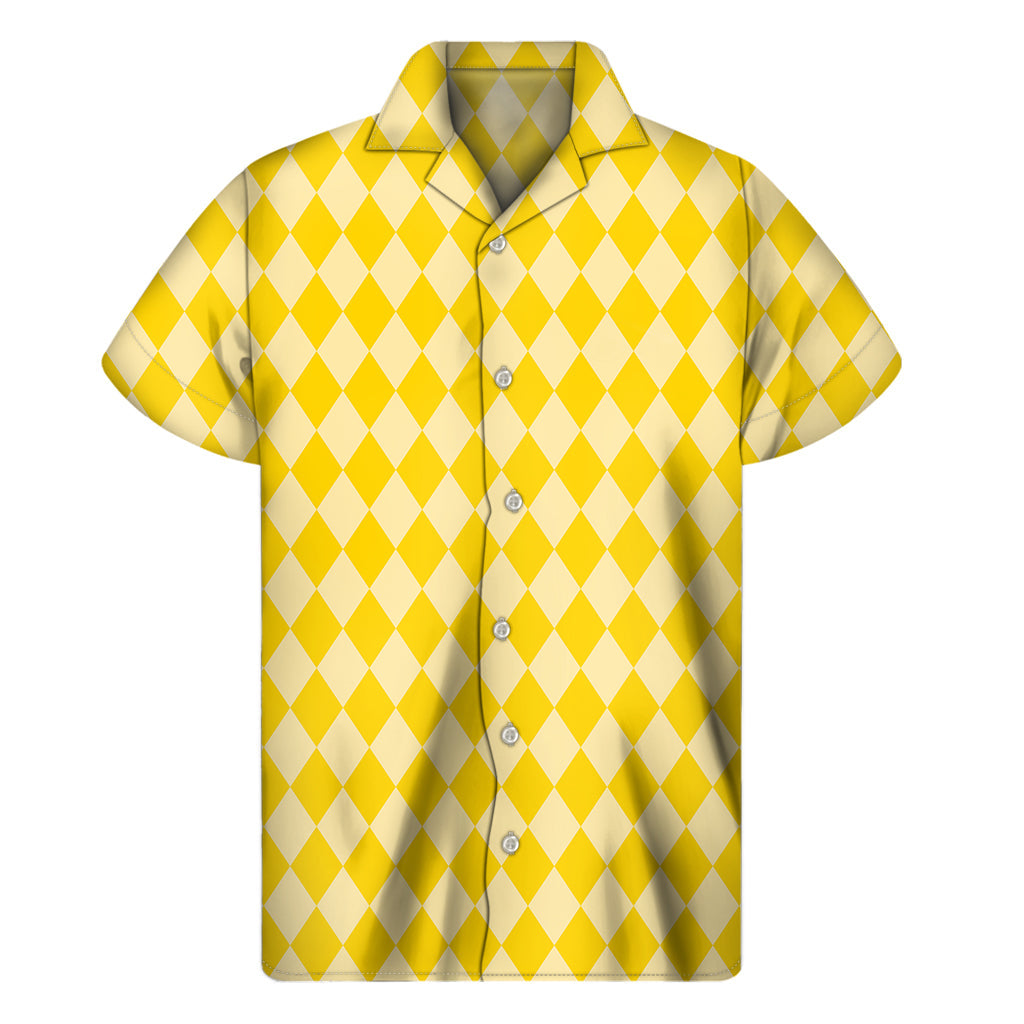 Sunny Vibes: Yellow Harlequin Pattern Hawaiian Short Sleeve Shirt - 1