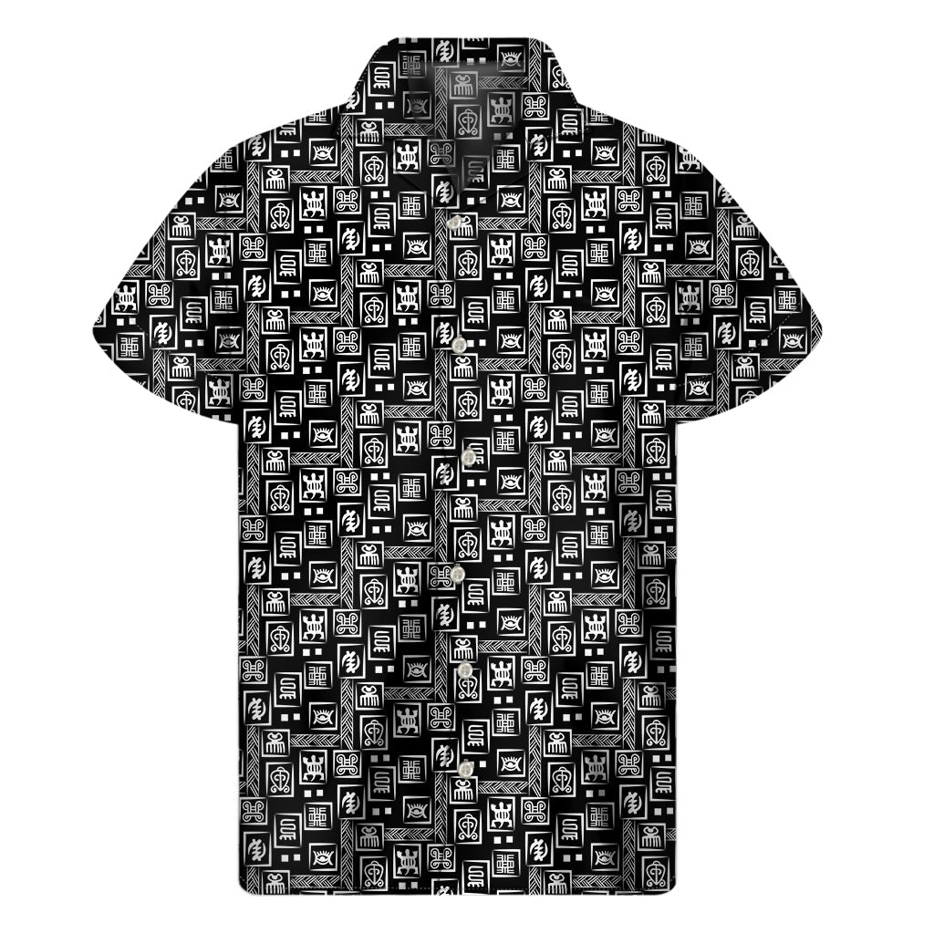 Hawaiian Vibes: Black Adinkra Symbols Pattern Print Short Sleeve Shirt - 1