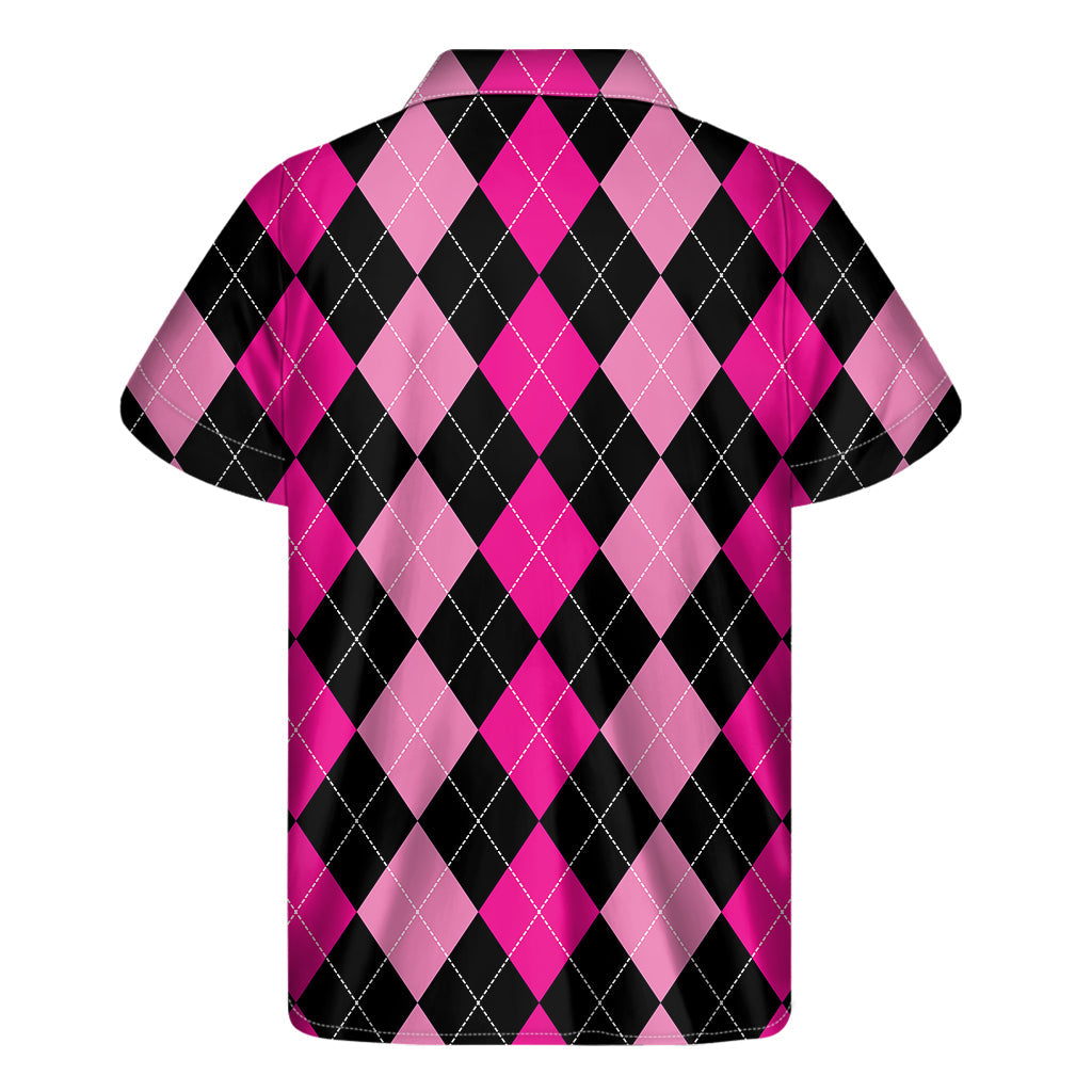 Black and Deep Pink Hawaiian Argyle Men's Short Sleeve Shirt - 2