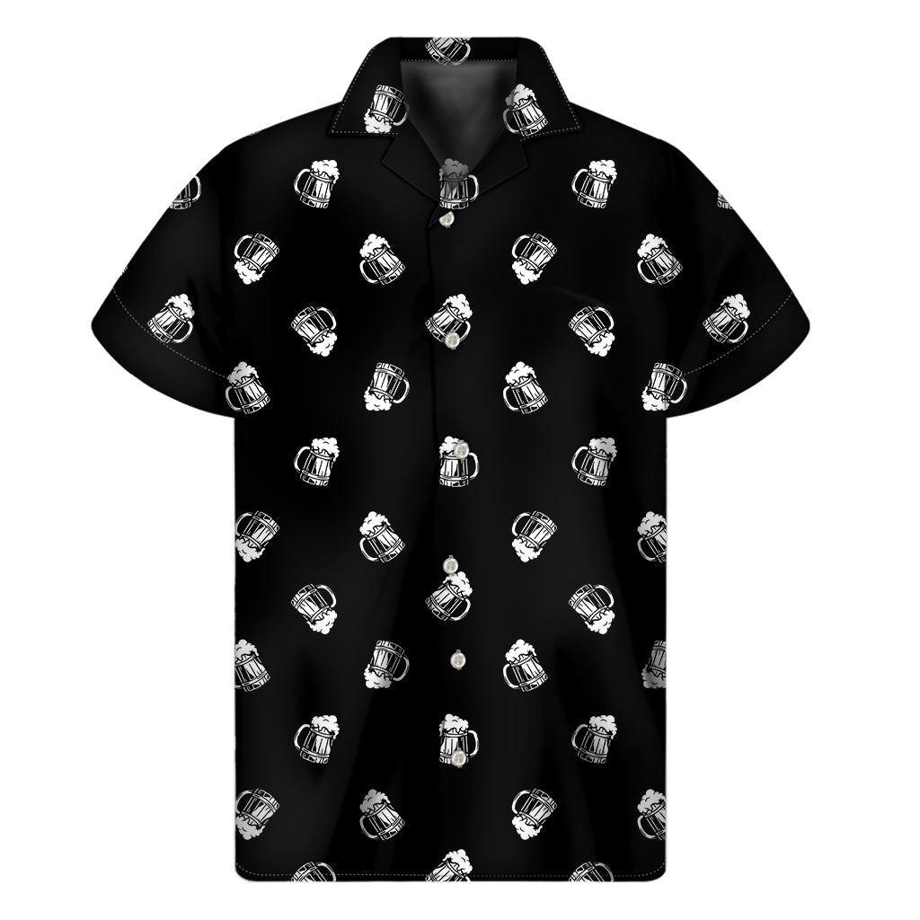 Island Vibes: Black and White Beer Pattern Hawaiian Short Sleeve Shirt - 1