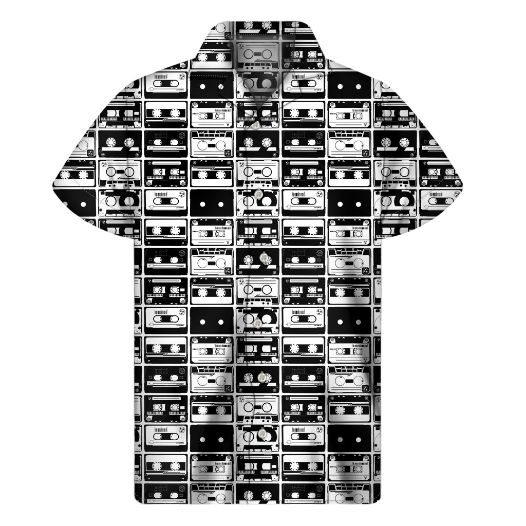 Island Vibes: Hawaiian Short Sleeve Shirt with Black and White Cassette Tape Print - 1