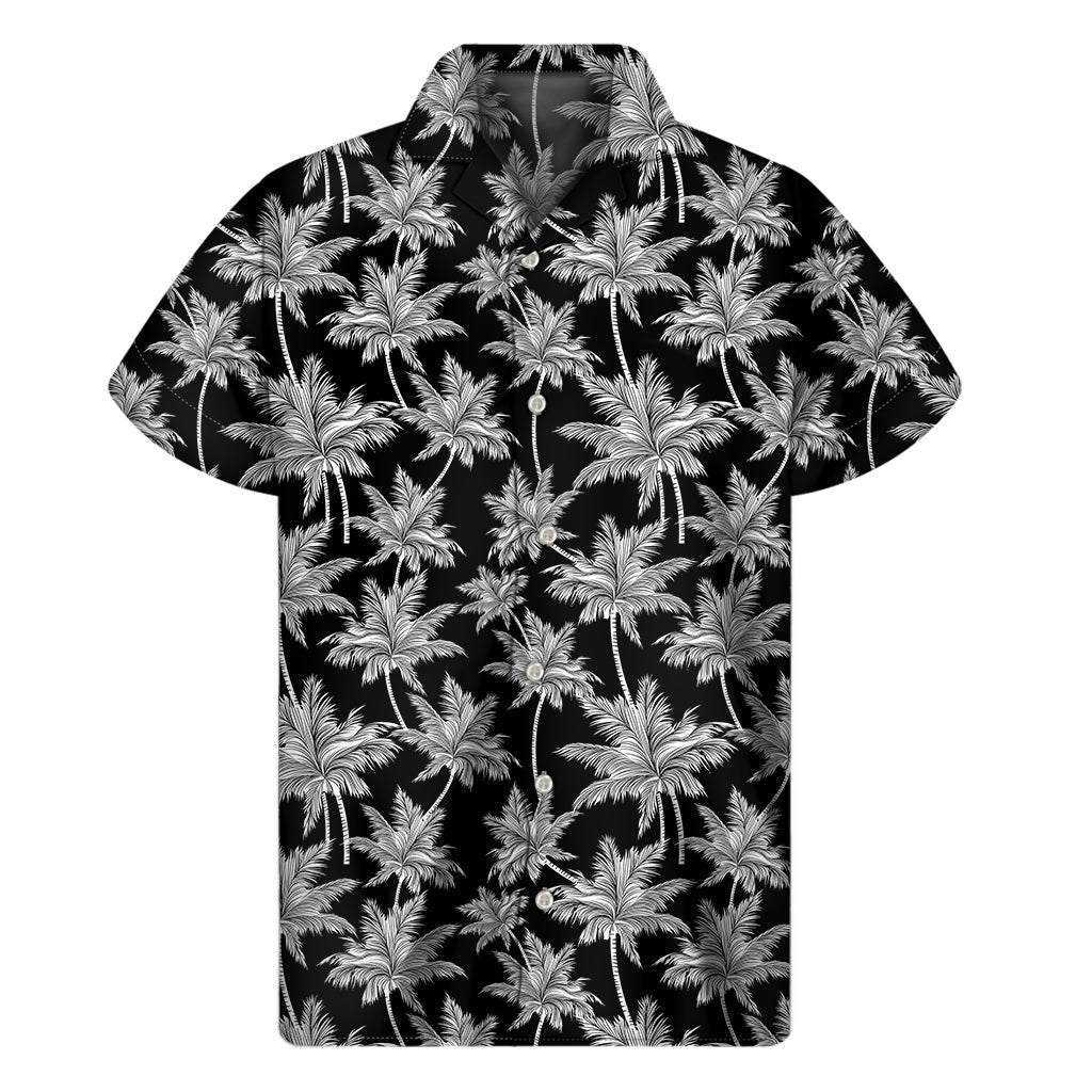 Island Breeze: Black and White Coconut Tree Print Hawaiian Short Sleeve Shirt - 1