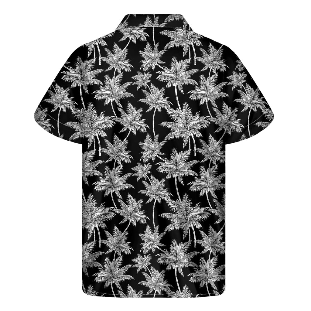 Island Breeze: Black and White Coconut Tree Print Hawaiian Short Sleeve Shirt - 2