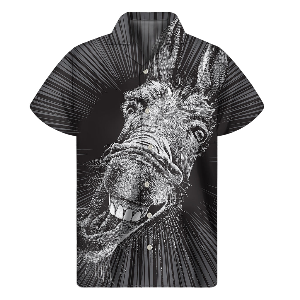 Wild and Fun: Black and White Crazy Donkey Print Hawaiian Short Sleeve Shirt - 1