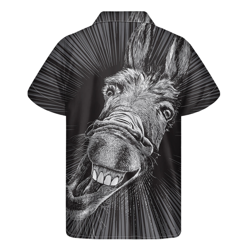 Wild and Fun: Black and White Crazy Donkey Print Hawaiian Short Sleeve Shirt - 2