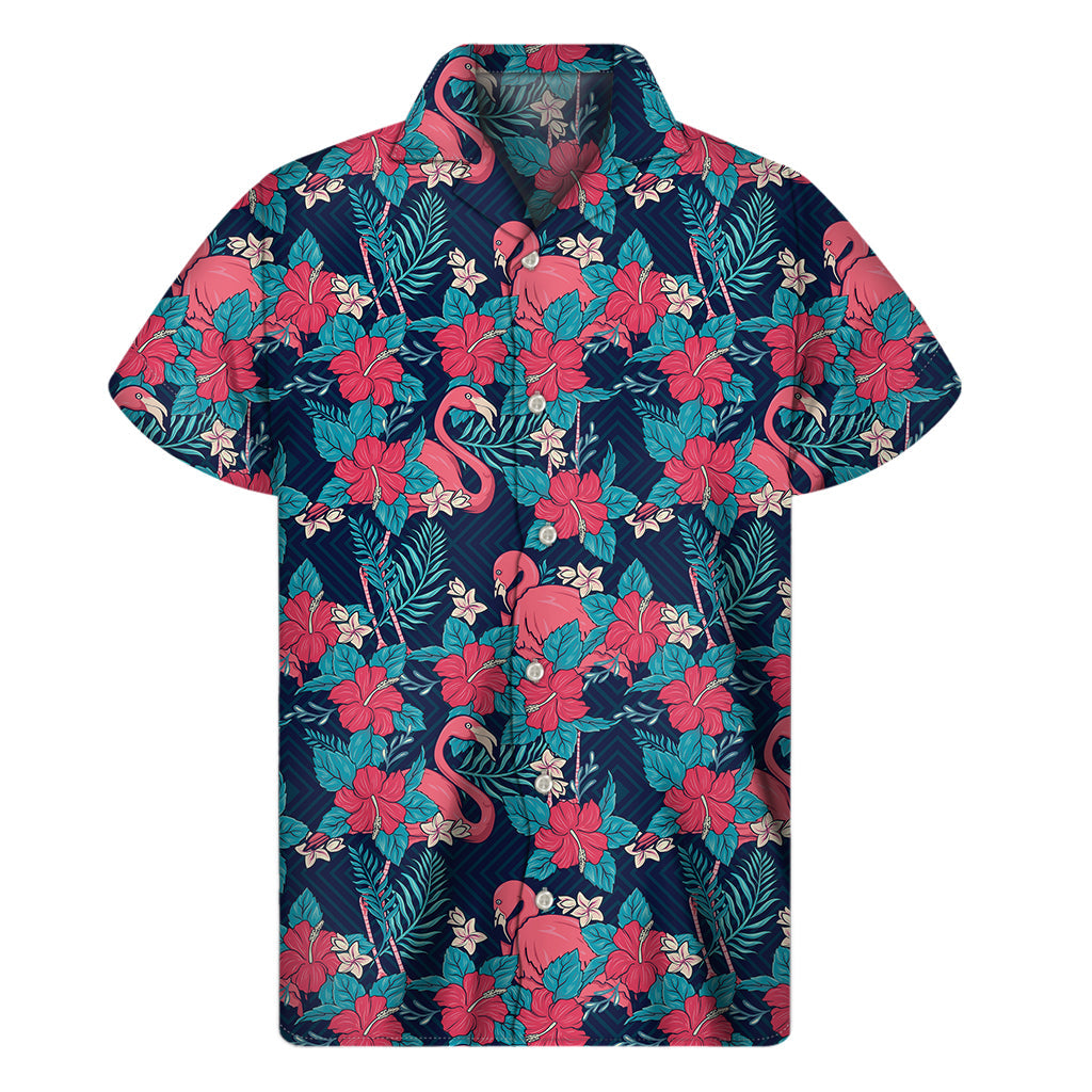 Flamingo Paradise: Men's Hawaiian Floral Print Short Sleeve Shirt - 1