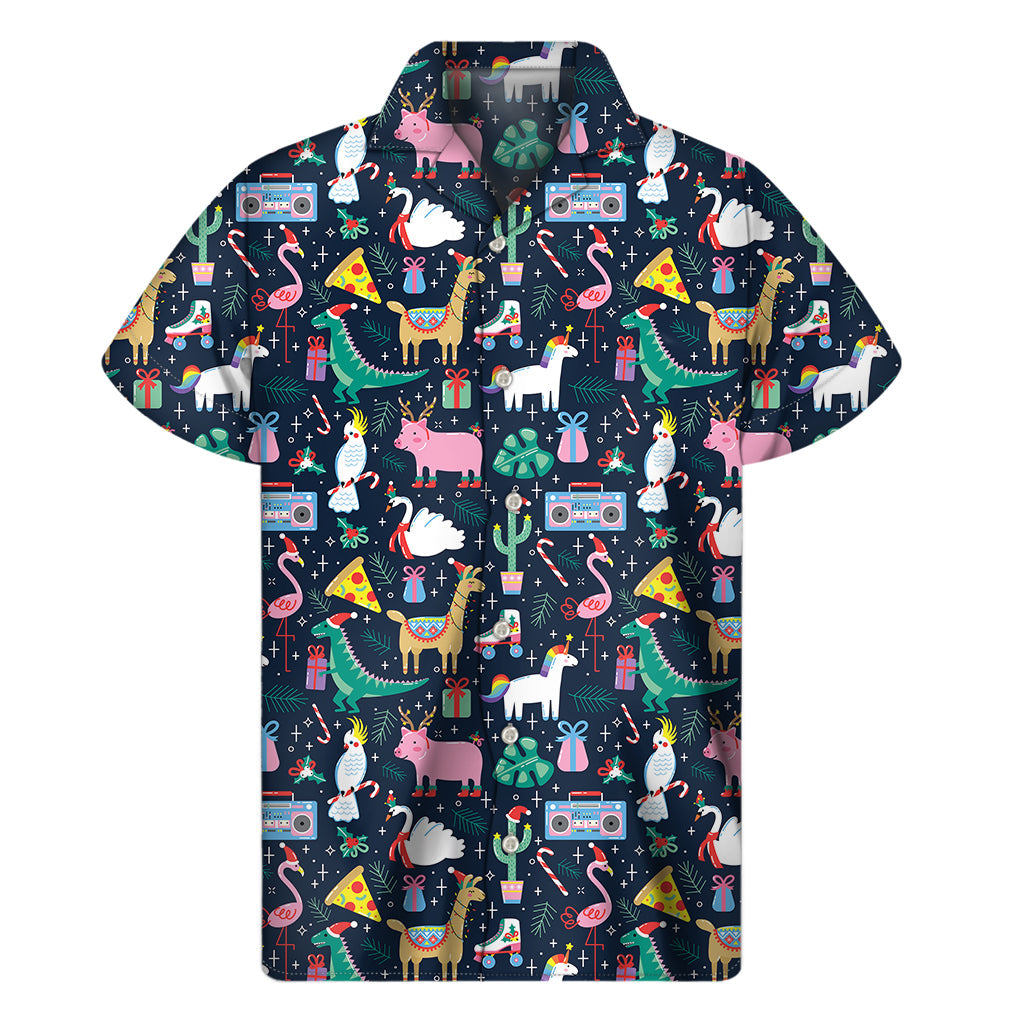 Tropical Vibes: Hawaiian Short Sleeve Shirt with Funny Christmas Animals Pattern - 1