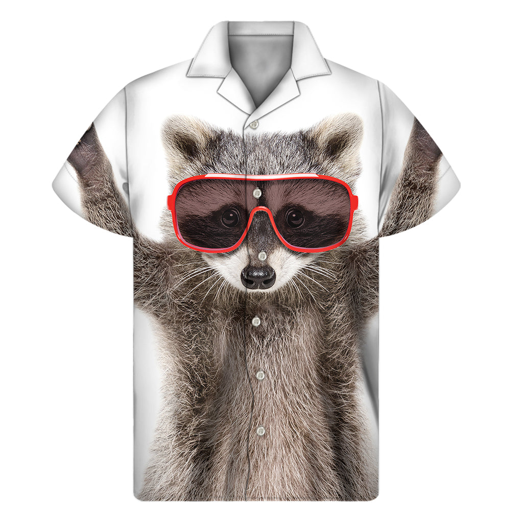 Island Style: Men's Hawaiian Short Sleeve Shirt with Playful Raccoon Print - 1