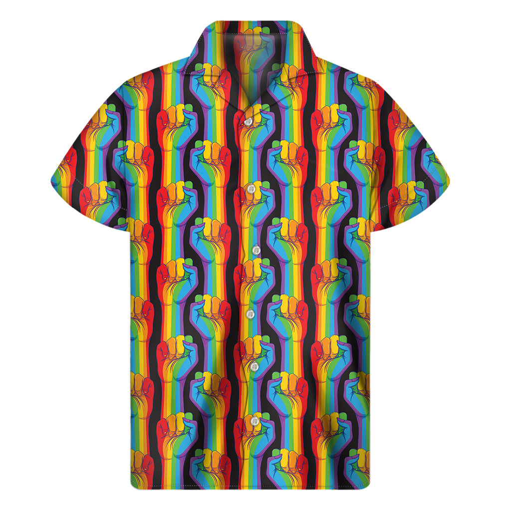 Prideful Paradise: Men's Hawaiian Short Sleeve Shirt with Gay Pride Hand Sign Pattern - 1
