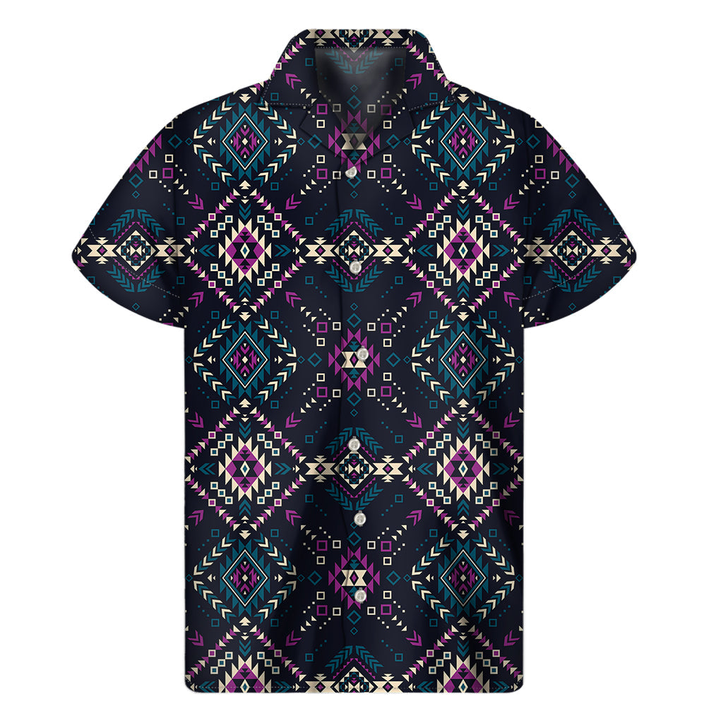Tropical Vibes: Geometric Ethnic Navajo Print Hawaiian Short Sleeve Shirt - 1