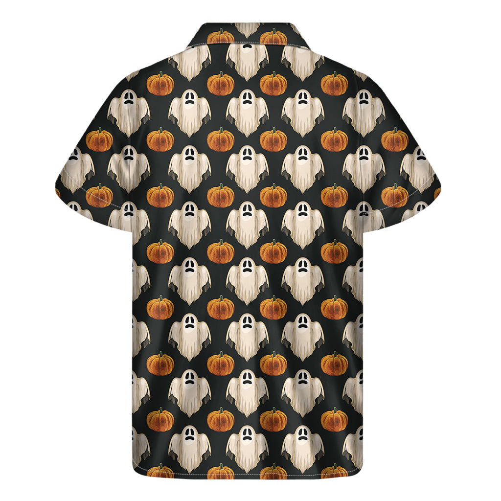 Tropical Treats: Men's Hawaiian Short Sleeve Shirt with Ghost and Pumpkin Print - 2