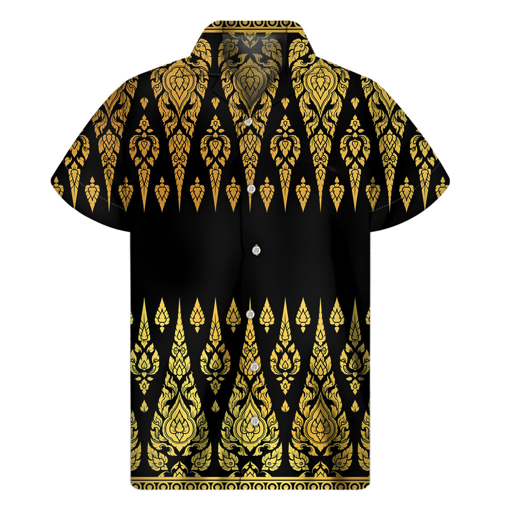 Golden Hawaiian Vibes: Men's Short Sleeve Hawaiian Shirt in Black Thai Pattern - 1